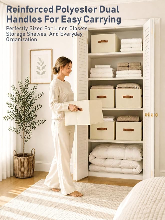 4 Pack Large Closet Storage Baskets Bins for Shelves, Collapsible Fabric Closet Organizers and Storage with Polyester Handles, Decorative Baskets for Organizing Clothes, Towels, Linen Closet 16x12x10"