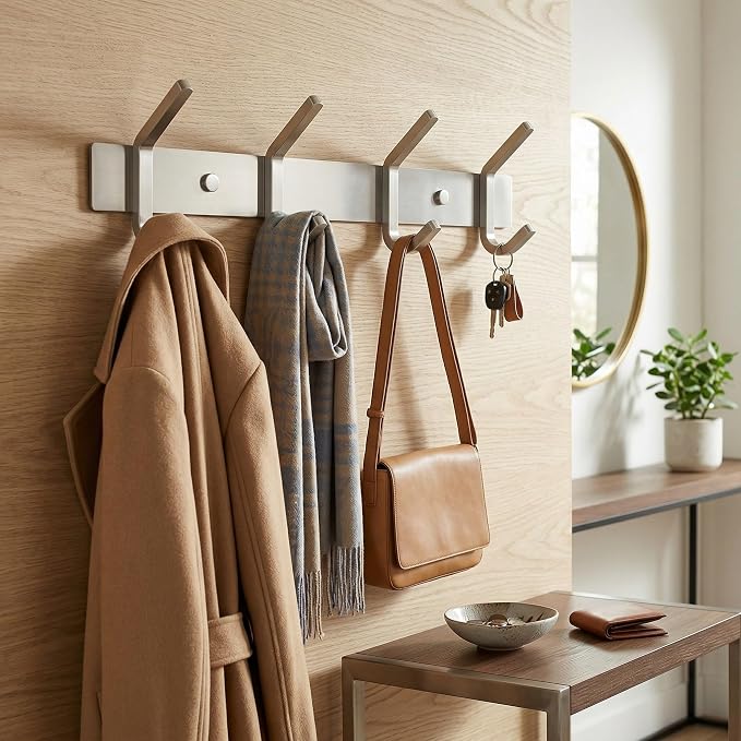 Coat Rack Wall Mount – Brushed Nickel 12 Inch Stainless Steel Hook Rail with 4 Heavy Duty Double Coat Hooks – Wall Mounted Coat Hanger for Entryway, Bathroom, Bedroom, Towel, Hat Organizer