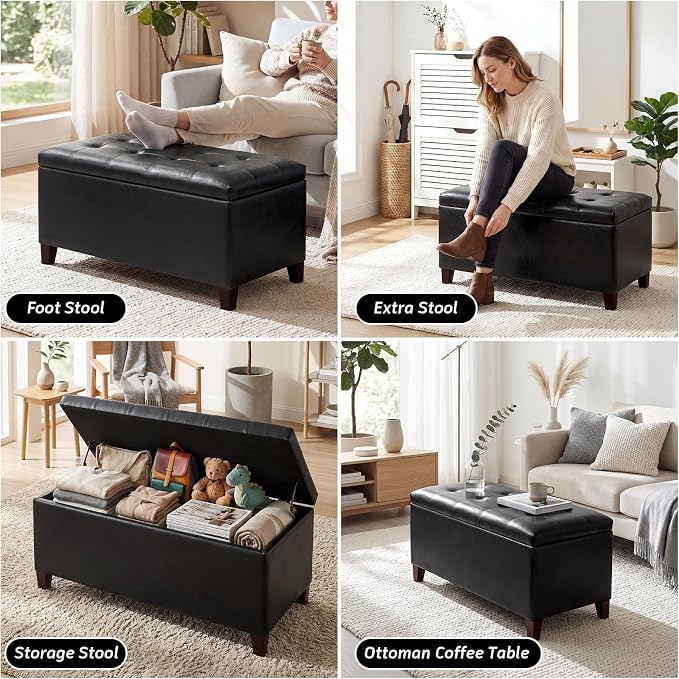 Joveco Storage Ottoman Bench, 33 Inches Faux Leather Rectangle Tufted Foot Stool for End Foot of Bed, Bedroom, Living Room, Black