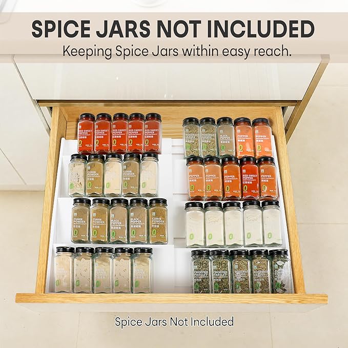 Bamboo Spice Drawer Organizer, (Need 3.1” Deep Drawer) Expandable 4 Tier Spice Rack for Cabinet (From 12" to 23" Wide), Seasoning Storage Insert, Spice Organizer for Drawer,Jars Not Included
