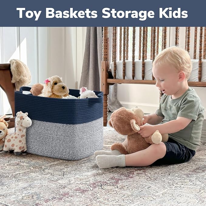Goodpick 50L Large Cotton Rope Storage Basket, 18" x 14" x 12", Blue | Blankets, Pillows & Toys Storage, Decorative Rectangle Basket, Living Room & Bedroom Organization, Built-In Handles