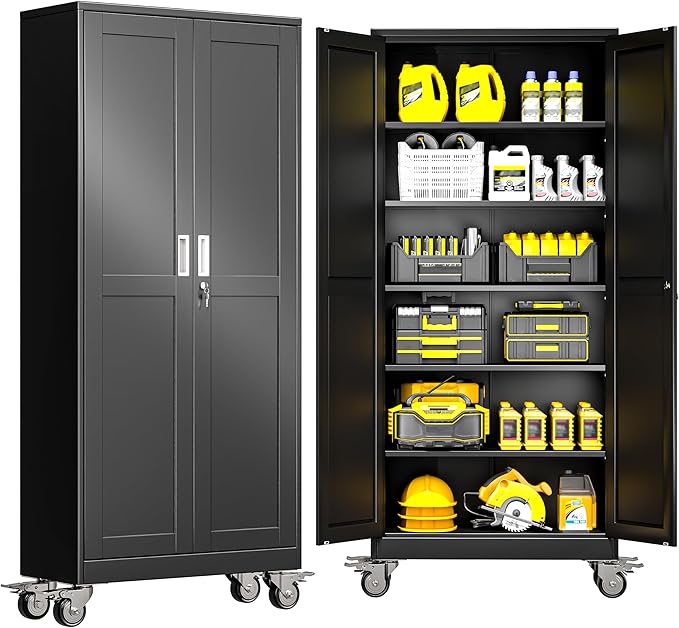 GAIOUS Metal Garage Storage Cabinet with Lock, Steel Tool Cabinet with 2 Doors and 5 Adjustable Shelves, 75” Tall Lockable File Cabinet with Wheels, Organization for Home Office Garage Gym - Black