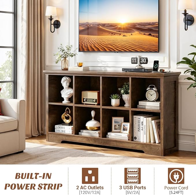 Aheaplus Wooden 8-Cube Storage Organizer with Charging Ports, Modern Cube Bookcase with Base, 3-Tier Floor Standing Open Cubbies Bookshelf, Cubicle Display Shelf for Home and Office, Cracked Oak