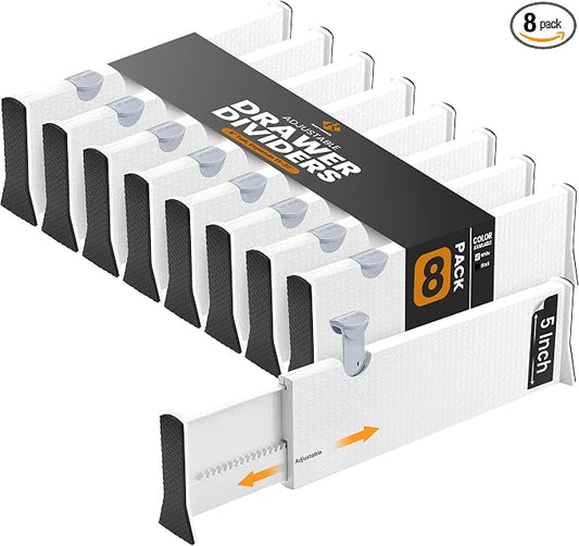 RAPTUROUS Deep Drawer Dividers 8 Pack, 5 Inch Tall, 13-22 Inch Long Expandable, Adjustable Drawer Organizer for Clothing, Dresser, Kitchen, Strong Hold, Soft Foam Edges, White