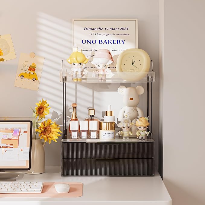 Delamu Bathroom Organizers and Storage, 2 Tier 2 Drawer Makeup Organizer Countertop, Easy to Install, Ideal for Bathroom Counter, Vanity, Large Skincare, Perfume, Present, Desk and More, Black | Elegant Vanity Organizer Gift for Women, Holds Perfume, S...