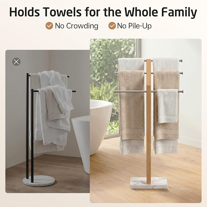 KES No Wobble Wooden Standing Towel Rack with Weighted Natural Marble Base | 3 Tier Width Adjustable Free Standing Towel Rack Stand for Bathroom, Pro-Grade 18/8 Stainless Steel, Brushed Finish