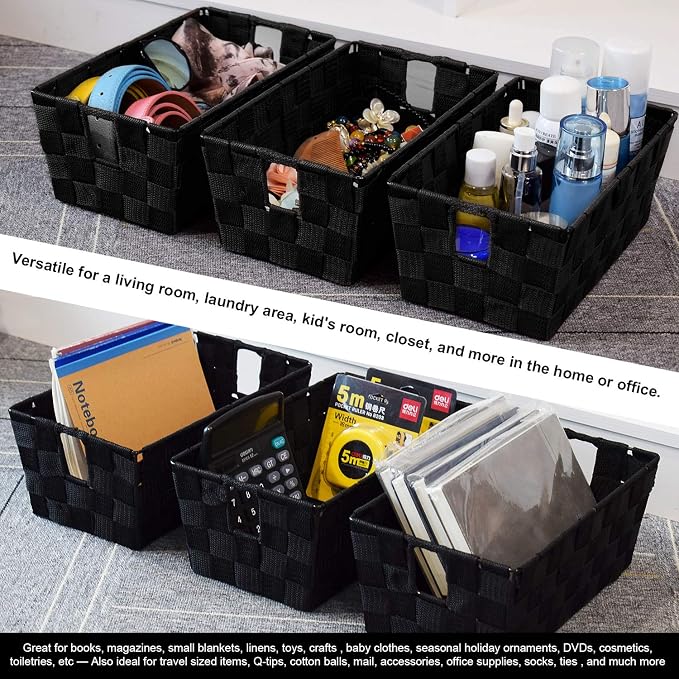 Woven Black Storage Baskets Shelf Tote Boxes Container, Durable Storage Organizer Bins with Built-in Handles for Bedroom, Office, Closet, Kids Room, Nursery, 3-Pack,11.4”x 6.5”x 4.5”