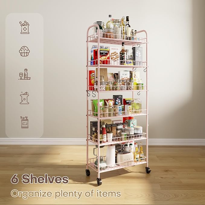 6 Tier Slim Rolling Storage Cart with Wheels, Metal Mobile Shelving Unit Organizer Utility Cart for Office Bathroom Kitchen Laundry Room Narrow Places (Pink 10 Inches)