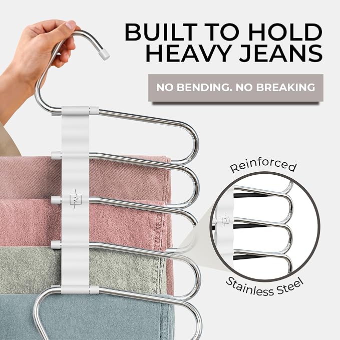 MORALVE Pants Hangers Space Saving - 4 Pack - Non-Slip Multi-Layer Space Saving Hangers - Multifunctional Clothing Rack for Closet Storage - Ideal for Jeans, Trousers, Skirts, Scarves & Slacks (White)