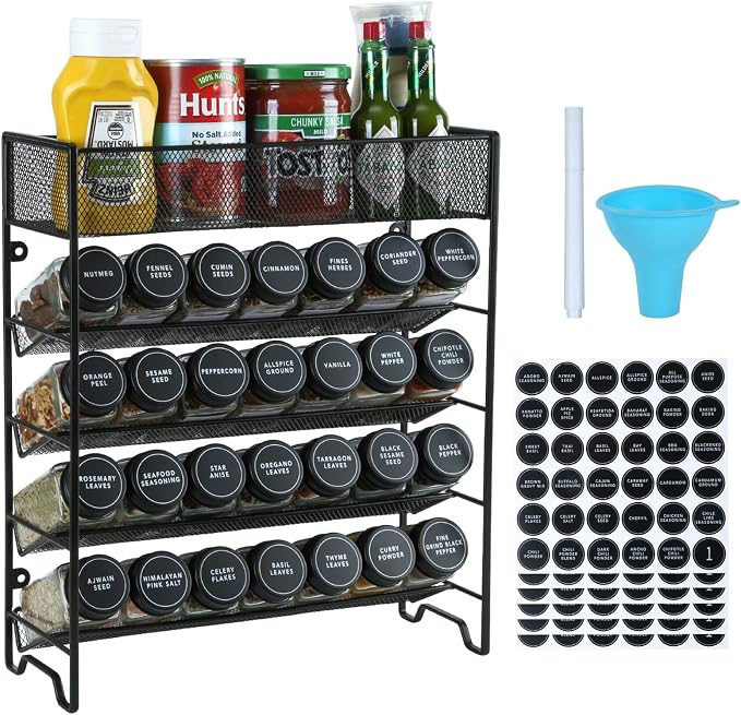 Skiileor Spice Rack Organizer with 28 Spice Jars, Black Lids，Spice Labels, Chalk pen and Funnel Set for Cabinet, Countertop, Pantry, Cupboard or Wall Mount