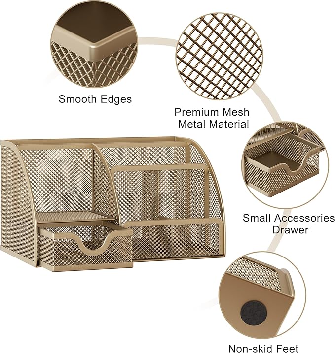 EasyPAG Mesh Desk Organizer with Drawer Multi-functional Pen Holder Stationery Organizer for Office School Supplies 6 Compartments Dorm Organizers and Storage for Desk, Gold