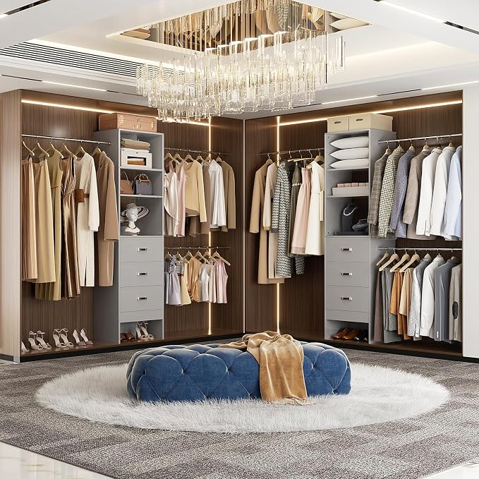 Besiost 96'' Closet Organizer System with 3 Hanging Rods, 8FT Closet Organizers and Storage with 3 Wooden Drawers, Built in Closet Organizer Systems, Adjustable Walk-in Wardrobe from 5-8FT, Grey