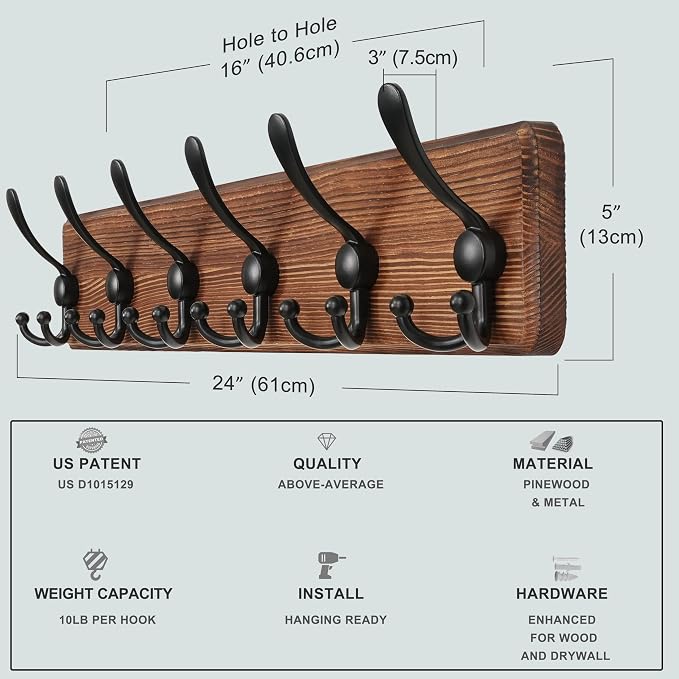 Coat Rack Wall Mounted - 24" Long 6 Tri Hooks, Heavy Duty Wooden Wall Coat Hanger Coat Hook for Clothes Hat Jacket Clothing, Natural and Black