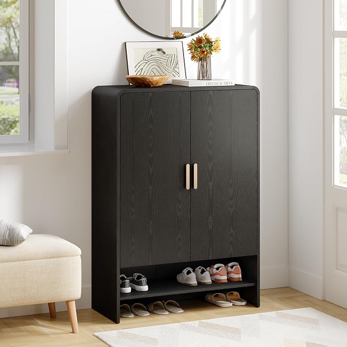 6-Tier Shoe Storage Cabinet, 45'' Large Farmhouse Shoe Cabinet for Entryway, Modern Wooden Shoe Organizer Cabinets with Doors and Shelves, for Front Door Hallway (Black)