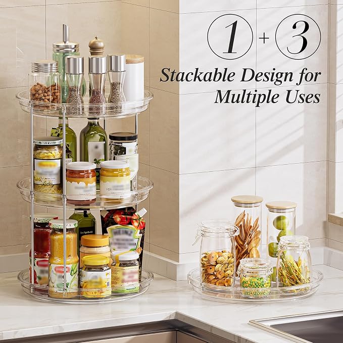LAMU 4 Pack 10.6'' 2-Tier Lazy Susan Turntable Organizer Rotating Spice Rack Organization for Cabinet, Kitchen, Pantry, Countertop, Bathroom, Vanity, Makeup Organizer, Clear