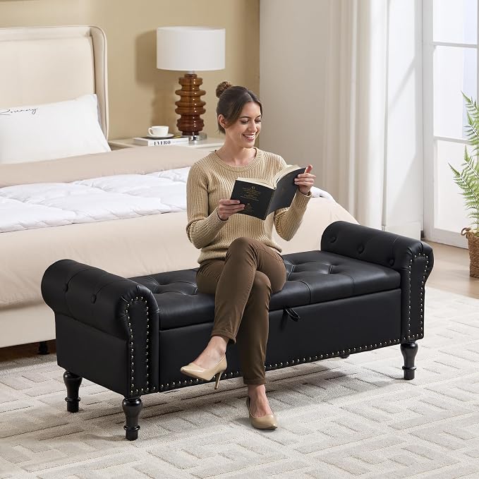 Storage Bench for Bedroom, 51" Upholstered End of Bed Bench, Faux Leather Queen Size Benches with Rolled Arms, Tufted Button Storage Long Ottoman, Living Room, Entryway, Obsidian Black