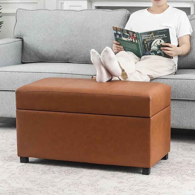 32" Leather Storage Ottoman Bench, Rectangle Foot Rest Stool for Living Room, Bedroom, Entryway, Cognac Brown