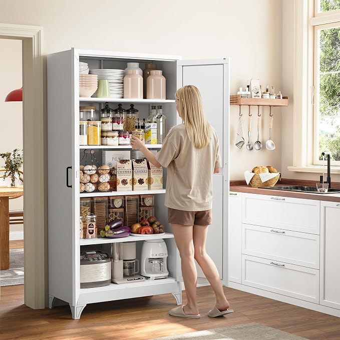 Yizosh Metal Storage Cabinet with Doors and 4 Adjustable Shelves - 75" White Kitchen Pantry Storage,4-Tier Tall Steel Cabinet Locker for Kitchen,Living Room,Dining Room
