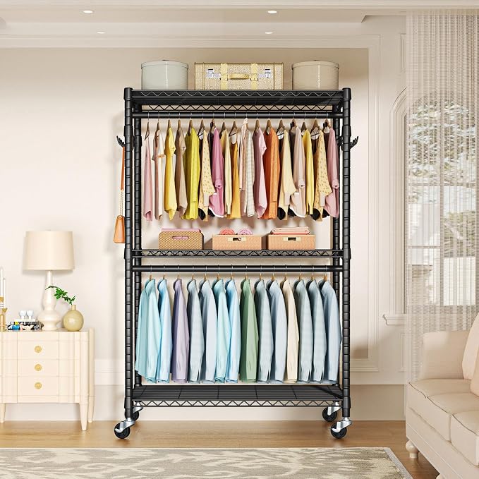 FUTASSI P1 Plus Rolling Clothes Rack, Heavy Duty Portable Closet Wardrobe | Freestanding Garment Clothing Rack with Wheels and Double Rods, 45"W x 17.7"D x 80.5"H, Max Load 524lbs, Black