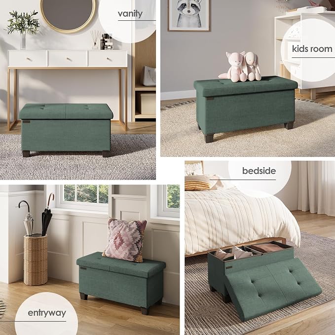 Storage Ottoman Bench with Bins, 30-in Storage Bench for Bedroom End of Bed, Folding Foot Rest Ottoman for Living Room Max 660lbs, Fabric Ottomans, Green