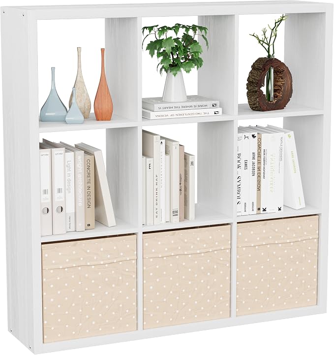 VDNEND Cube Storage Organizer Bookcase, Decorative 11 inch Open Back Cubical Shelf with Thickened Border, Display Bookshelf for Living Room, Home Office, Sturdy Room (White, 9 Cube)