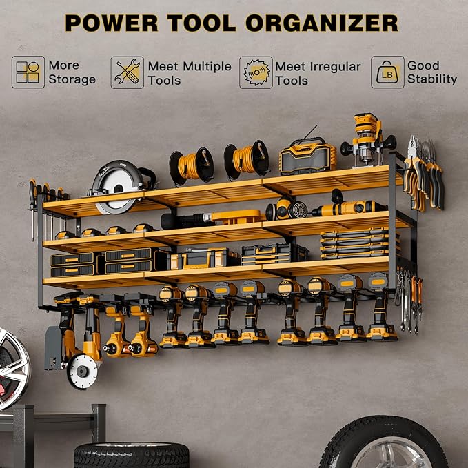 NattyDot Power Tool Organizer Wall Mount, 48-Inch 12 Drill Holders, Yellow | Extra-wide 48-inch Heavy-duty Wall Rack Stores 12 Cordless Drills and Assorted Tools, Maximizing Garage and Workshop Storage