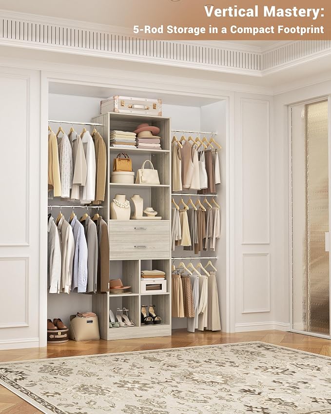 Besiost Small Closet System, 3.2-6.8FT Small Closet Organizer with 5 Hanging Rods, Can Fit 37.5 to 81.9 inch Walk-in Closet System, Built-in, Greige Oak, Enclosed Storage Volume 2.32 ft³
