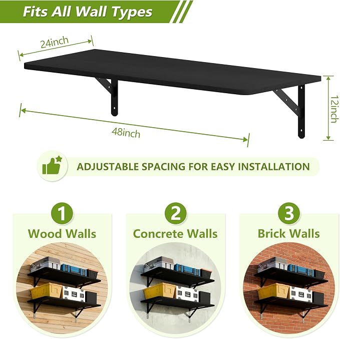 Dogsky 2-Pack Garage Storage Shelving Wall Mounted, 4x2Ft (48x24In) Heavy Duty Wood Floating Wall Shelf, 500lbs Capacity Shelves for Garage, Closets, Utility Rooms and Kitchens, Black