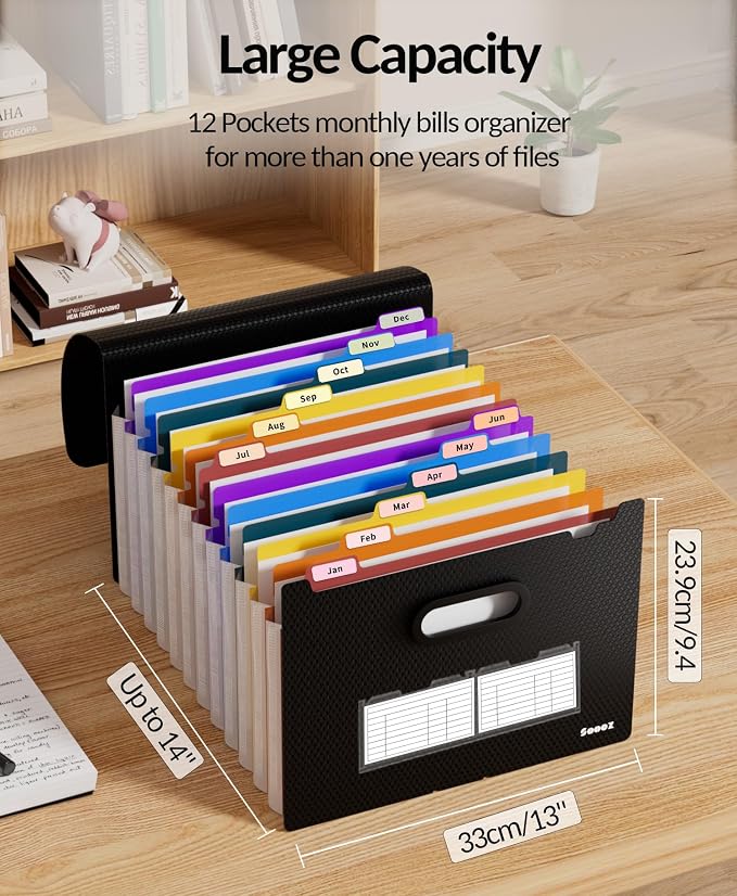 Sooez Accordion File Organizer, 13-Pocket Expanding File Folder Letter Size | Deeper 13-Pocket Keep Index Tabs Visible, Thickened Cover, Monthly Bill Paper Receipt Document Organizer, Home Office School