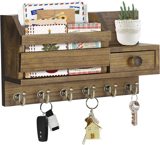 VIS'V Key Holder Wall Mount, Wooden Mail and Key Organizer, Brown | Contains Little Drawer, Small Shelf, 2 Slots, 6 Hooks, for Entryway, Hallway, Doorway, Kitchen, Garage, RV