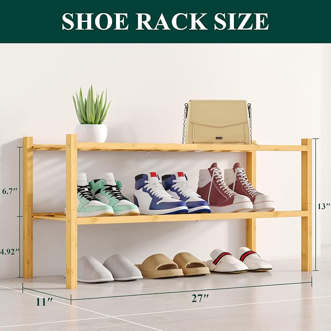 Smiry Bamboo Shoe Rack, 12 Vertical Slats, 2 Tier - 26.8" Wide, Natural | Stackable Free Standing Wooden Shoe Organizer, Wood Shoe Storage Shelf for Closet, Entryway