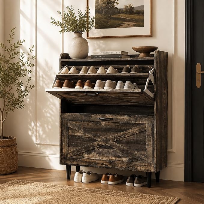 VINGLI Shoe Storage Cabinet for Entryway with 2 Flip Drawers, Ultra Slim Freestanding Entryway Shoe Organizer with Wood Tapered Legs,Hidden Closed Shoe Rack,31.6"W * 9.4"D * 39.4"H, Dark Rustic Oak