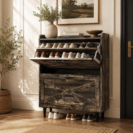 VINGLI Shoe Storage Cabinet for Entryway with 2 Flip Drawers, Ultra Slim Freestanding Entryway Shoe Organizer with Wood Tapered Legs,Hidden Closed Shoe Rack,31.6"W * 9.4"D * 39.4"H, Dark Rustic Oak