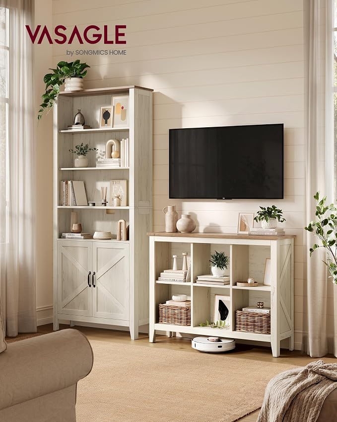 VASAGLE Liry Collection Farmhouse Bookcase, 6-Cube Storage Organizer with Legs, Adjustable Shelves, 38.6 x 11.6 x 29.8 inch, for Home Office, Living Room, Cloud White and Warm Brown ULBC136W101S