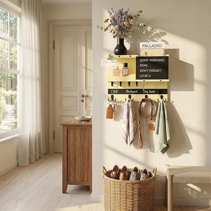 Key Holder for Wall Mount with Shelf and Mail Organizer, Key and Mail Holder with 16 Hooks, Farmhouse Entryway Organizer, Home Decor Rack(Pine Wood,Ivory Yellow)