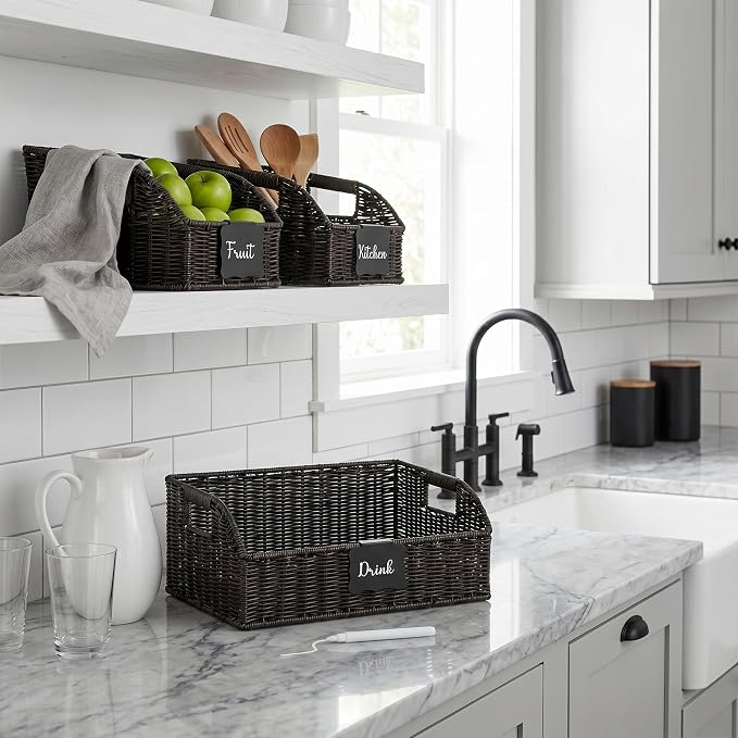 Pantry Organizers, Handwoven Large Wicker Baskets for Shelves, Labeled Storage Baskets for Organizing with Handles - Waterproof Plastic Storage Bins, Boho Decorative, 3Pack, Black