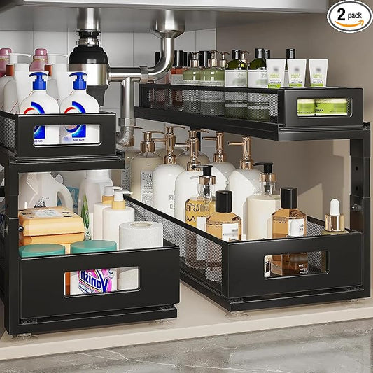 2 Pack 21.3IN-Depth Under Sink Organizer with Next-Gen Ball-Bearing Slides,2-Tier Pull Out Cabinet Storage,Height Adjustable Drawer Shelf for Bathroom,Kitchen,Laundry,Cabinet,Pantry-Black
