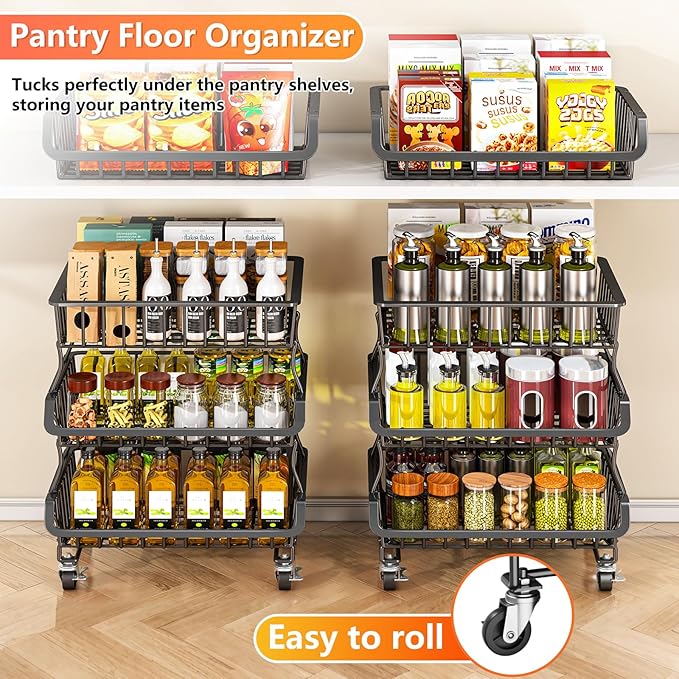 Gsiekare 3-Tier Rolling Pantry Organizer and Storage Cart with Wheels | Stackable wire pantry baskets for pantry shelves, fruit basket stand, easy to move, storage rack for food snack onion potato
