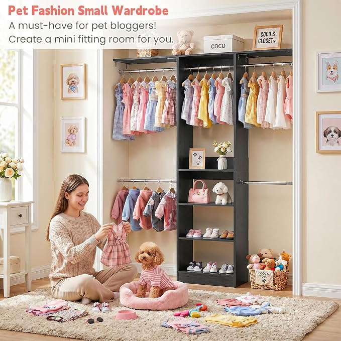48" Small Closet System, Space-Saving Wall-Mounted Wardrobe Organizer, Mini Garment Rack for Narrow Spaces, Morning Outfit Prep Station & Nursery Dress-up Storage, Black