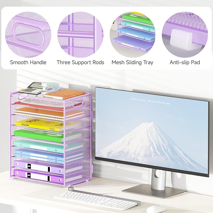 Cawukege 9 Tier Paper Organizer with Handle, Purple Large Capacity Desk Organizer Mesh File Folder Letter Paper Tray Desktop Document Sorter for Classroom, School, and Office Accessories Organization