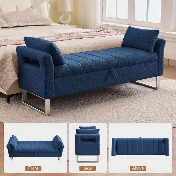 66" Storage Bench for Bedroom Upholstered End of Bed Bench King Size Blue | Long Bedroom Benches for Foot of Bed King,Teddy Storage Bed Bench with Gold Legs,2 Pillows for Entryway Windows Cloakroom