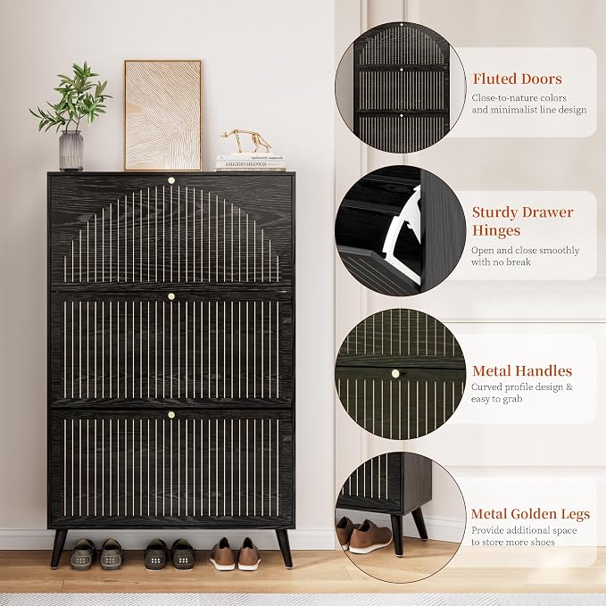 Fsbecl Shoe Storage Cabinet for Entryway with 3 Fluted Flip Drawers, Black | Narrow Design, Freestanding Shoe Rack with Adjustment Shelves, Wooden Hidden Organizer for Hallway Foyer, 18-24 Pairs