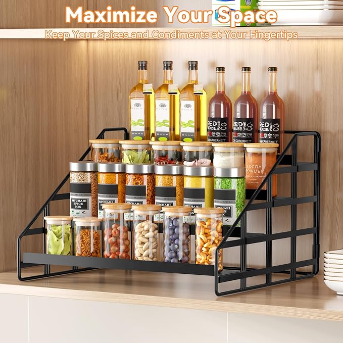 Bunoxea 4 Tier Adjustable Spice Rack for Cabinet & Countertop, Black | Depth Adjustable,Anti-drop Guard Rail,Tiered Cabinet Organizer,Holds 24+ Jars,for Cabinet, Pantry & Kitchen Countertop