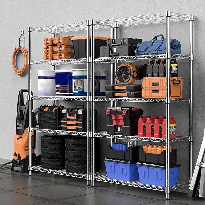 M MZG 1250 lbs Steel Heavy Duty 5-Tier Utility Shelving Unit Steel Organizer Wire Rack for Home,Kitchen,Office,Chrome (13.7" D x 23.6" W x 62.4" H)