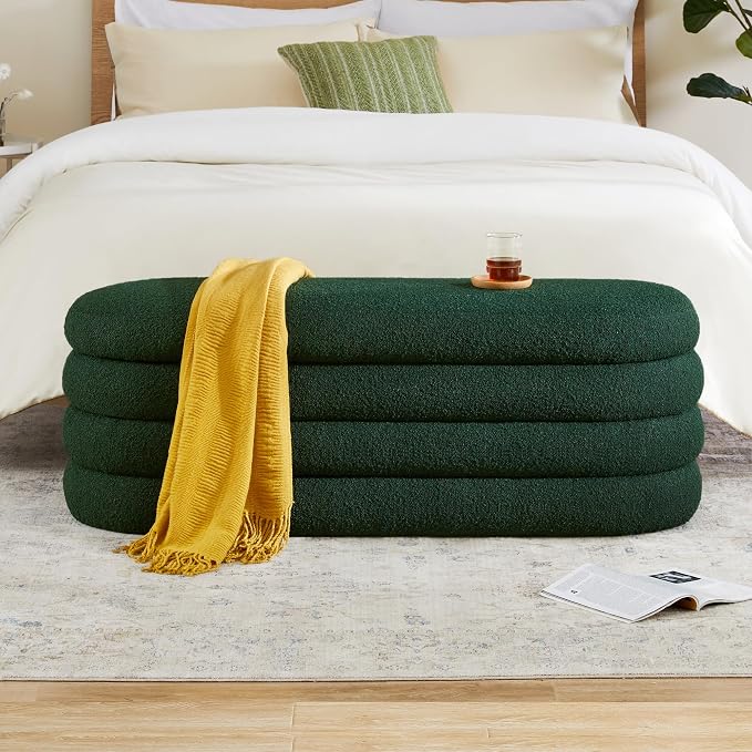 Busaurus Storage Ottoman Bench 49.2 Inch Upholstered Fabric Storage Bench for Bedroom End of Bed Aesthetic Large Oval Ottoman for Living Room(Dark Green)