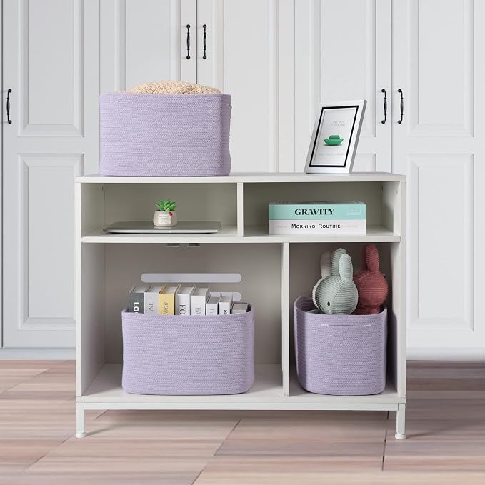 XUANGUO Woven Cotton Rope Storage Baskets 15x10x9.3" 3 Pack Purple Lavender | Decorative rectangular storage baskets for shelves and closets; storage bins organize clothes, toys, books and nursery items.
