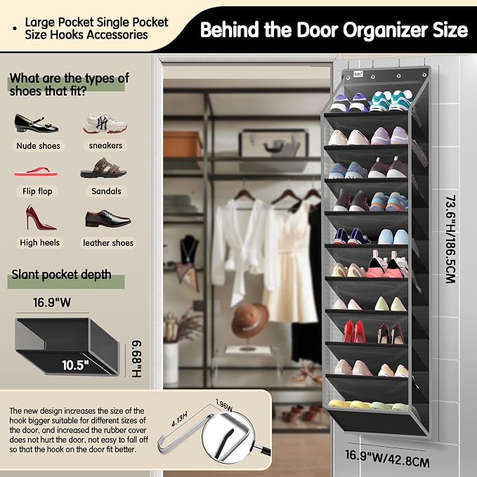 Kotkn 10 Tier Over The Door Organizer - Heavy Duty Hanging Storage Rack with Sturdy Oxford Fabric, Holds 20+ Pairs of Footwear, Boots & Sneakers, Saves 50% Closet Space (Black)
