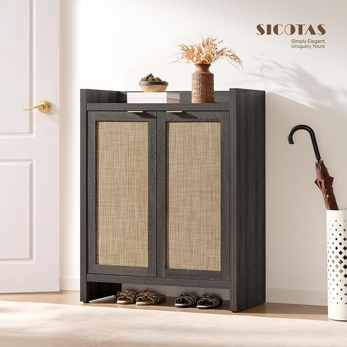 SICOTAS Shoe Cabinet Set of 2 Large Capacity Shoe Storage Organizer Cabinet | Tall Rattan Shoe Cabinet with Doors and Shelves, 6-Tier Farmhouse Boho Wooden Storage Cabinet for Entryway, Black Oak