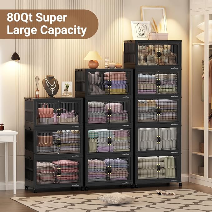 BROVIEW 320 Qt Stackable Storage Bins with Lid, Plastic Closet Organizers and Storage Drawer, Collapsible Storage Box with Wheels, Folding Storage Cabinet for Closet Clothes Organization, 4Pack Black