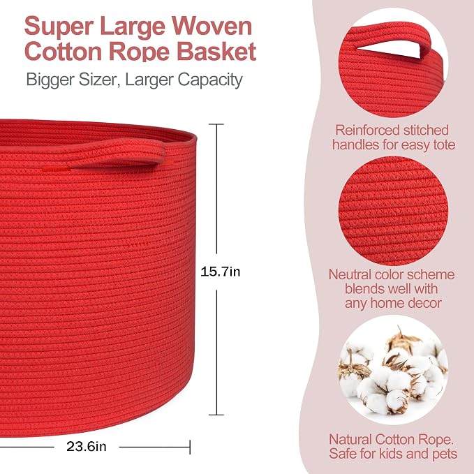 115L Extra Large Red Basket for Organizing, 23.6"x15.7" Jumbo Woven Cotton Rope Bins for Blankets, Baby Nursery Laundry Basket, Kids Dog Toy Storage Box, Huge Red Living Room Decor Organizer